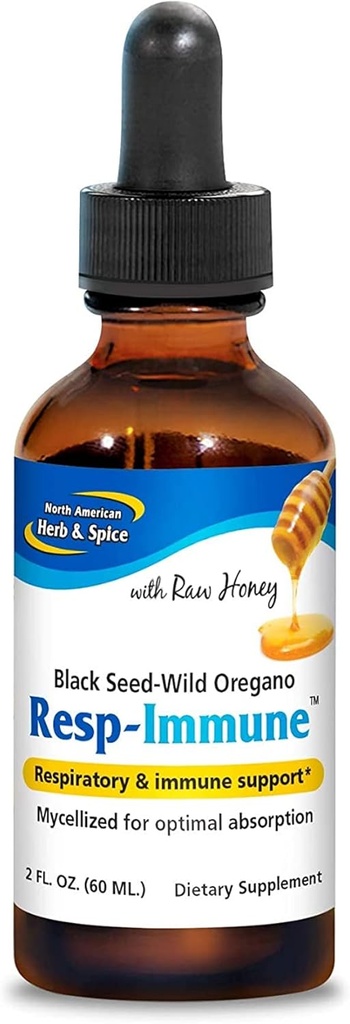 NORTH AMERICAN HERB & SPICE Resp-Immune - 2 oz - Support respiratoire et immunitaire - Graine noire, Origan P73 Huile et miel brut - Mycellisé pour l'absorption optimale - Non-OGM - 39 portions