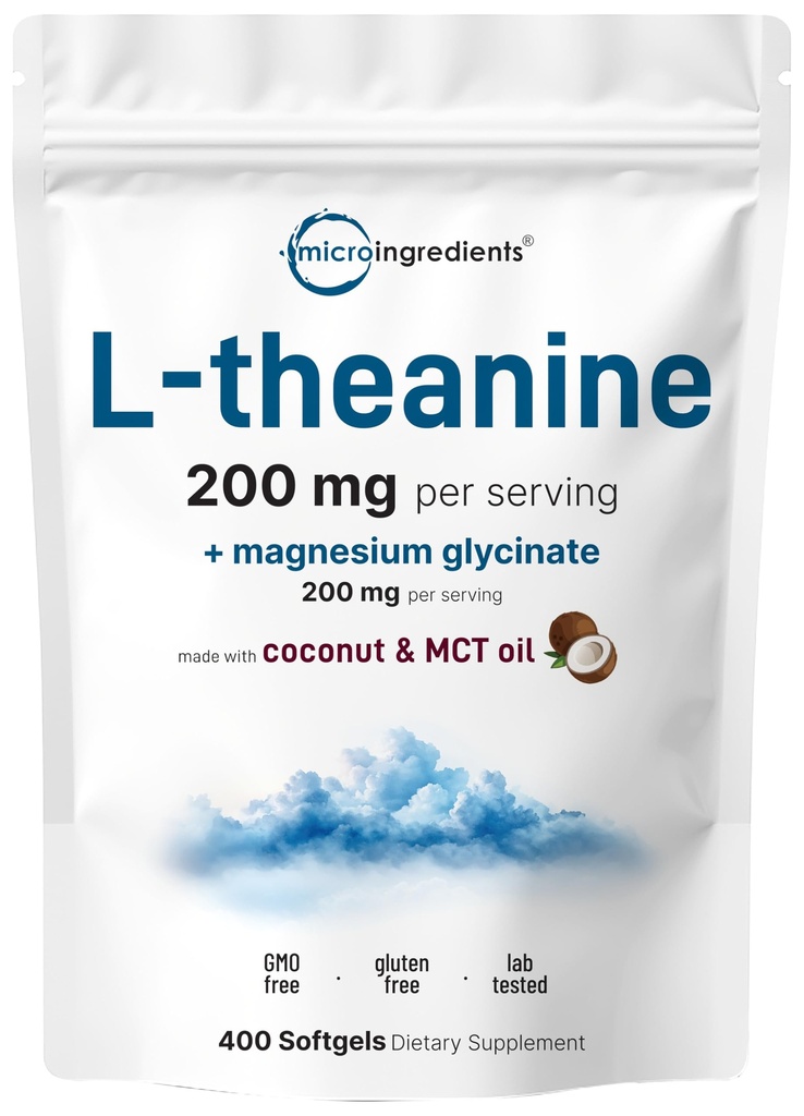 L-Theanin 200mg mit Magnesium Glycinat, 400 Coconut MCT Oil Softgels | Relaxation, Focus & Muskelunterstützungsergänzung | 2-in-1 Aminosäure & Mineral Complex | Gentle Care All Day & Night