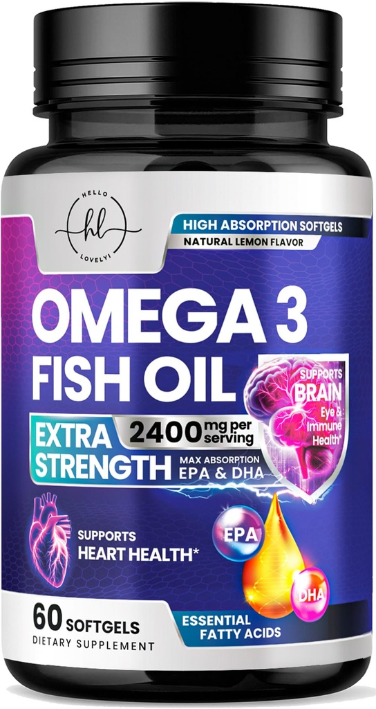 Omega 3 Suppléments d'huile de poisson 2400mg - Triple force Omega 3 Acides gras, Santé du coeur naturel Cerveau et soutien articulaire - Acides gras avec EPA et DHA - Supplément d'huile de poisson capturé sauvage - 60 Softgels
