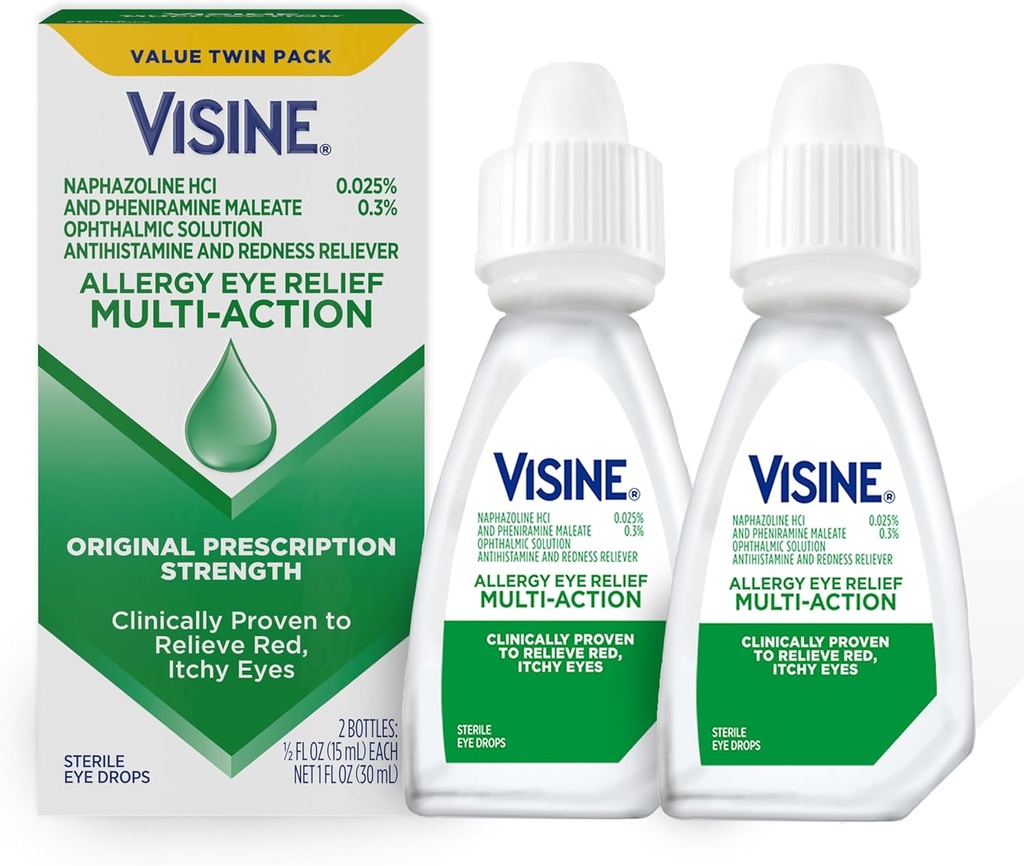 Visine Allergie Eye Relief Multi-Action Antihistamine & Redness Reliever gouttes oculaires avec Maléate de Phéniramine et HCl Naphazoline, Traitement de gouttes oculaires pour Rouge, Itchy, Allergie Yeux, 0.5 fl. oz, 2 Pack