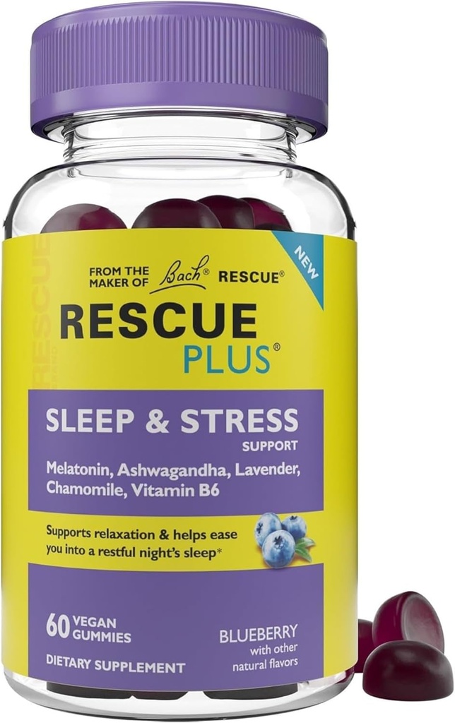 Bach RESCUE PLUS Sleep & Stress Support Gummies, Integratore alimentare notturno con 1mg Melatonina, Ashwagandha, Camomilla, Lavanda & Vitamina B6, Natural Blueberry Flavor, Vegan & Gluten-Free, 60 Count
