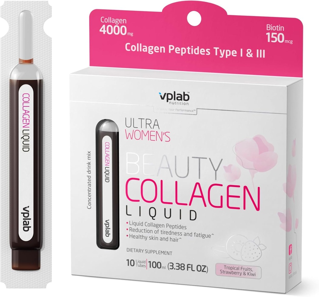 VPLab Ultra Women's Beauty Liquid Collagen - Biotin-Infuse Multivitamin Complex con Peptidi Tipo I & III Supplemento per Pelle, Capelli e Unghie - Bevande Mix per Donna Imballata con Vitamina B Group,10