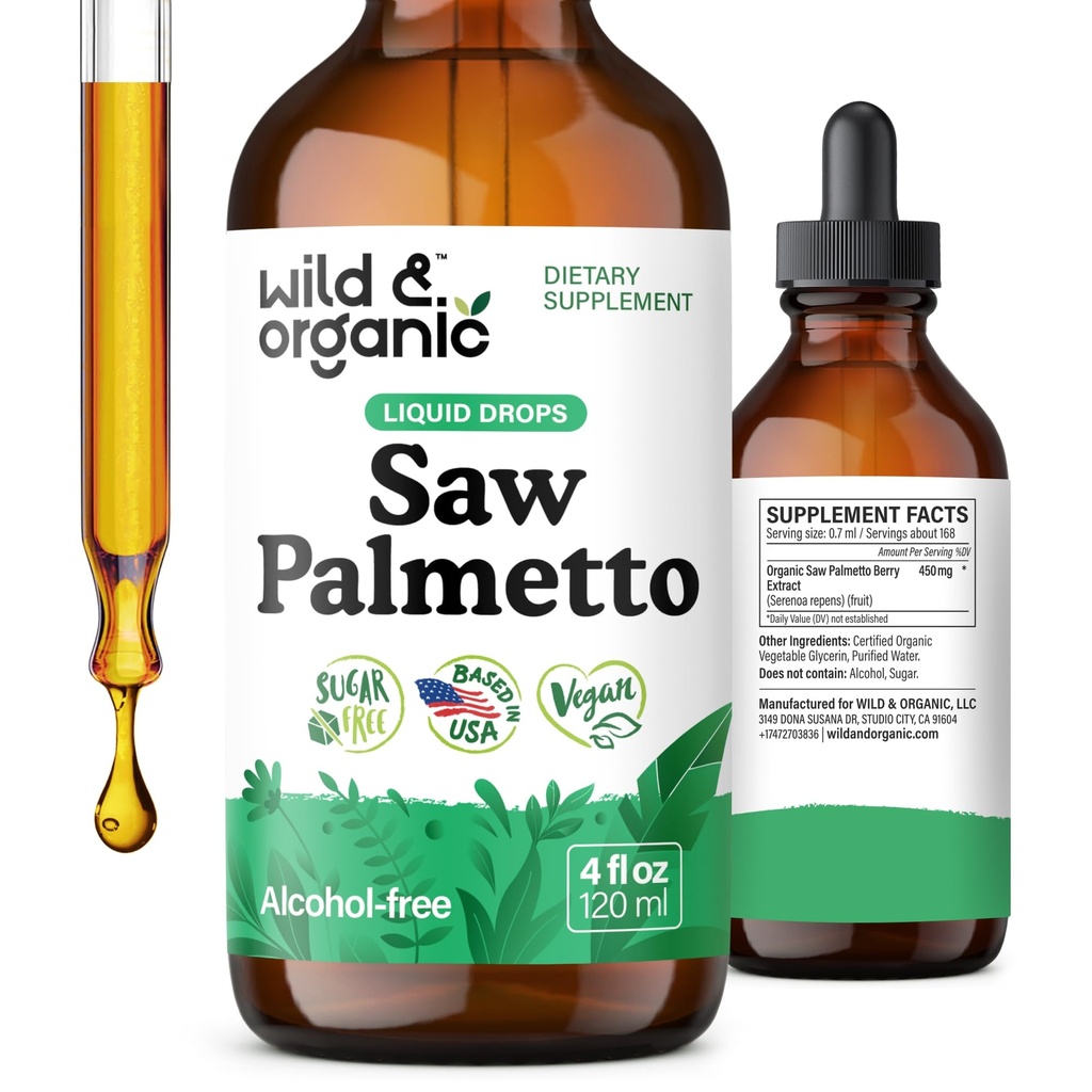 Sega selvatica e organica Palmetto Tintura - Estratto di palmetto segato Supplemento per uomini e donne - Gocce a base di polvere liquida - Serenoa Repens Berries - Vegan, Zucchero & Alcol-Free - 4 fl oz