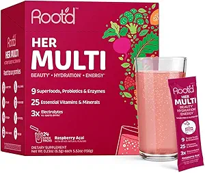 Polvere multivitaminica radice per le donne - 25 vitamine e minerali con 3X elettroliti, 9 Superfood organici, Probiotici e enzimi, Multivitamina e idratazione senza zucchero | 24 pacchetti di miscela di vitamine