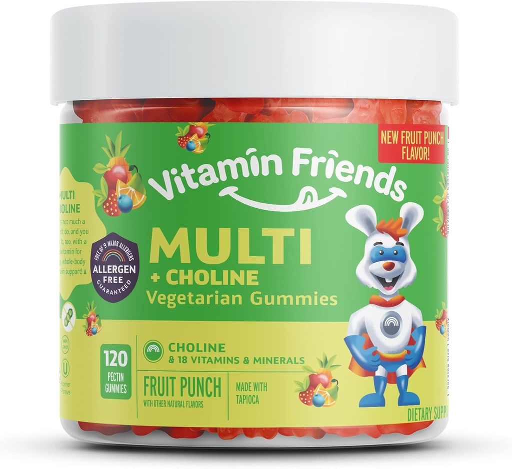 Vitamina Amici - Multivitamina Vegetariana & Choline per bambini - Supporto nutrizionale giornaliero Gummies w/Vitamin C, D, E, A, B6, Zinco, Acido Folico, Choline, Selenium, Niacin, Thiamin, Biotina (30 giorni di alimentazione)