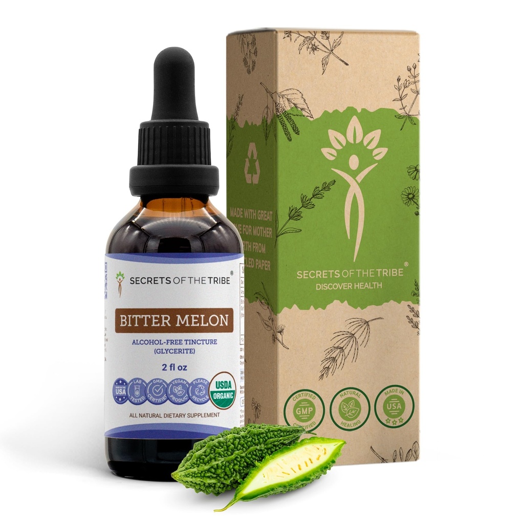 Segreti della Tribe Bitter Melon USDA Organic | Alcohol-Free Extract, High-Potency Herbal Drops | Realizzato in 100% certificata Organic Bitter Melon (Momordica Charantia) Dried Fruit 2 oz