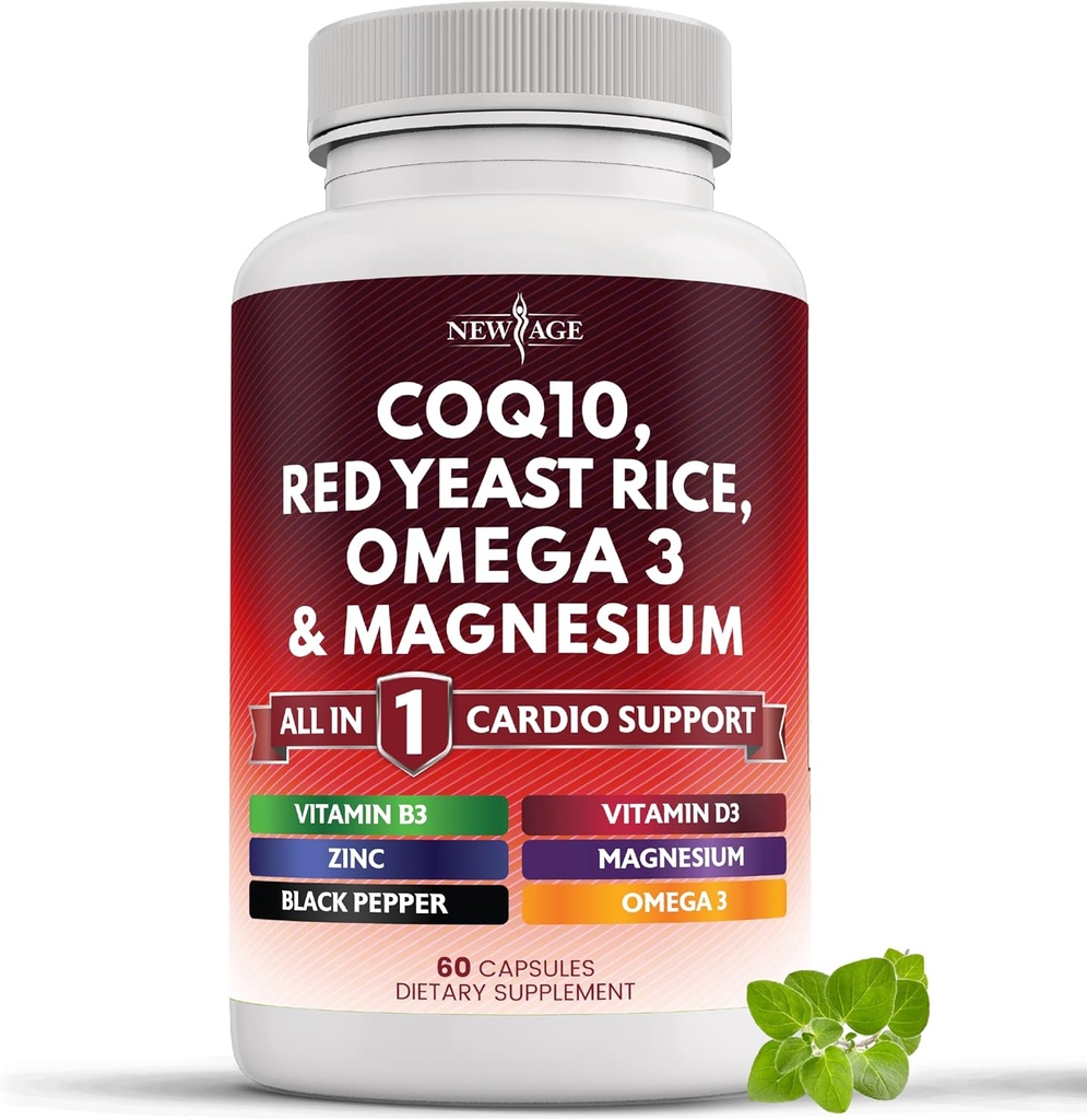 NEW AGE COQ10 200mg Riz de levure rouge, Omega 3, Complexe de magnésium, Zinc Vitamine K2 D3 - Soutien de la santé cardiaque Vitamines pour les femmes et les hommes avec la vitamine B3, Coenzyme Q10-60 Compte