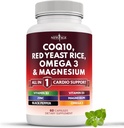 NEW AGE COQ10 200mg Riz de levure rouge, Omega 3, Complexe de magnésium, Zinc Vitamine K2 D3 - Soutien de la santé cardiaque Vitamines pour les femmes et les hommes avec la vitamine B3, Coenzyme Q10-60 Compte