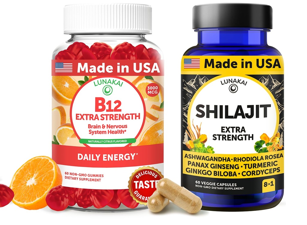 Lunakai USA Made B12 Gummies & Shilajit Capsule Bundle – Extra Forza Quotidiano Energy & Wellness Support