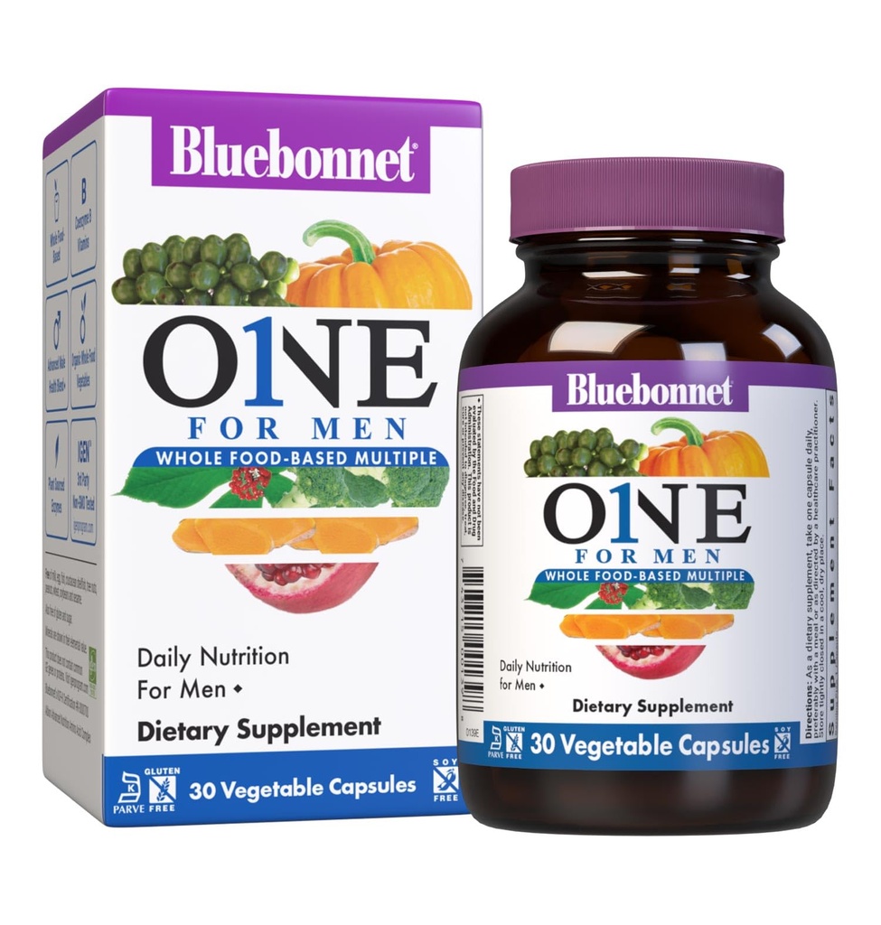 Bluebonnet Nutrition One for Men Whole Food-Based Multiple, Daily Nutrition*, Non-GMO, Vegetarisch Freundlich, Kosher, Glutenfrei, Soy-Free, Dairy-Free, Iron Free, 30 Gemüsekapseln, 30 Servietten
