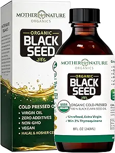 Mutter Natur USDA Organic Black Seed Oil, High TQ 2%, Kalt Pressed, Unrefined Nigella Sativa, Omega 3 6 9 für Immun, Gelenk & Herz-Unterstützung, Haar & Haut, Non-GMO, Glasflasche (8oz)