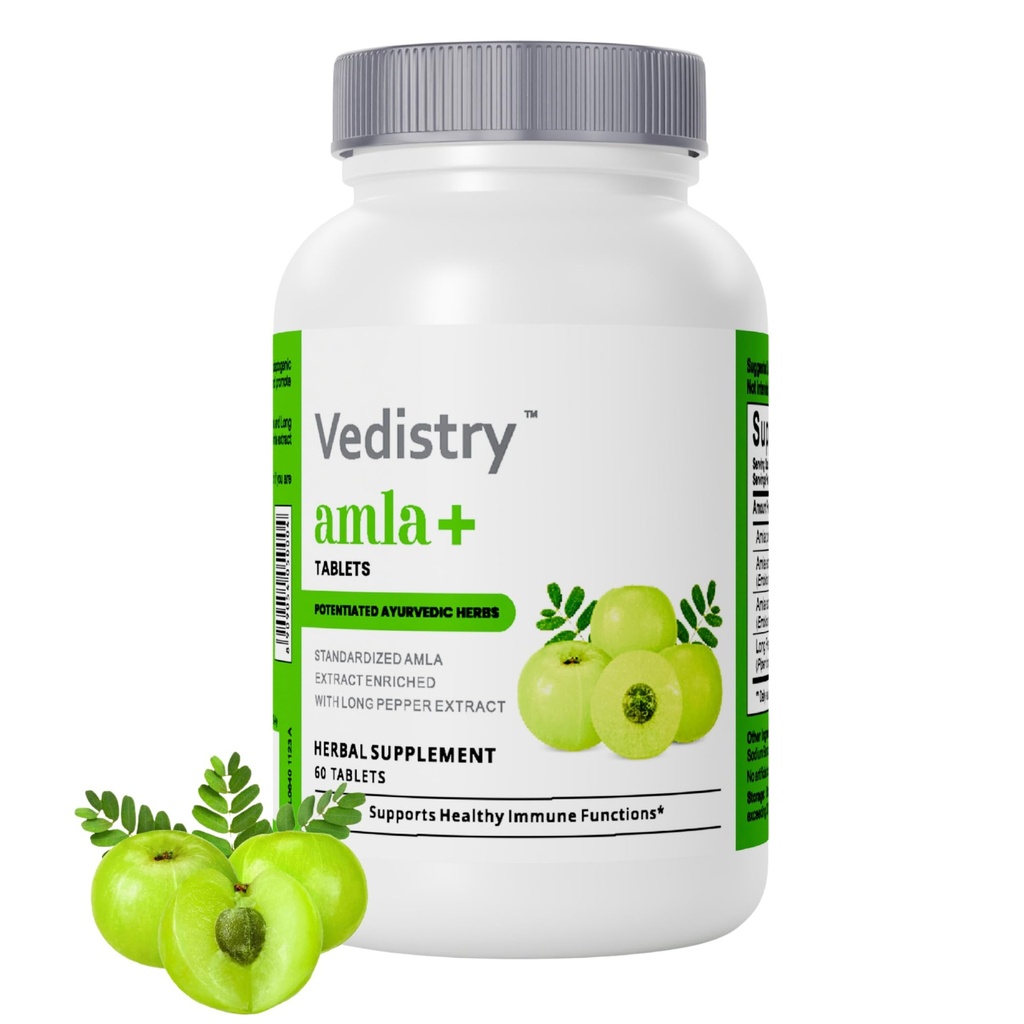 Amla+ Fruchtextrakt Ergänzung | 1100mg Indische Gänsebeer Tabletten mit langem Pfeffer | Natürliches Vitamin C & Antioxidantien für Immununterstützung, Vitalität & Wellness | 60 Vegan Tabletten