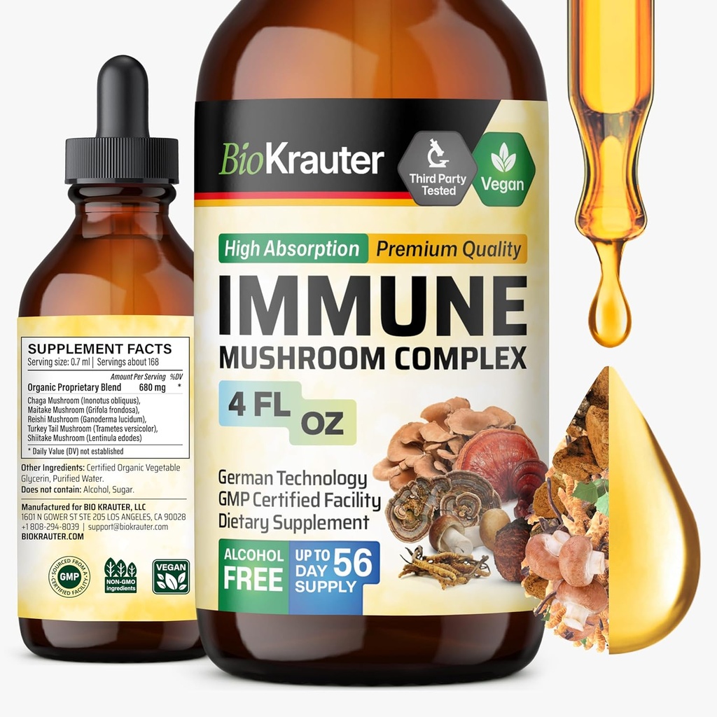 BIO KRAUTER Immununterstützung Pilz-Ergänzung - Lions Mane, Shiitake, Türkei-Tail, Reishi, Chaga & Maitake Liquid Extract - Pilz Complex Tincture - Vegan Drops 4 Fl.Oz.