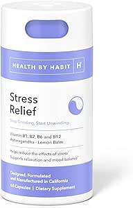 Santé par Habit Stress Relief Supplement (60 Capsules) - Vitamine B, Zen, Baume de citron, Soutient la relaxation, Équilibre d'humeur, Réduire le stress, Non-OGM, Sans sucre (1 Pack)