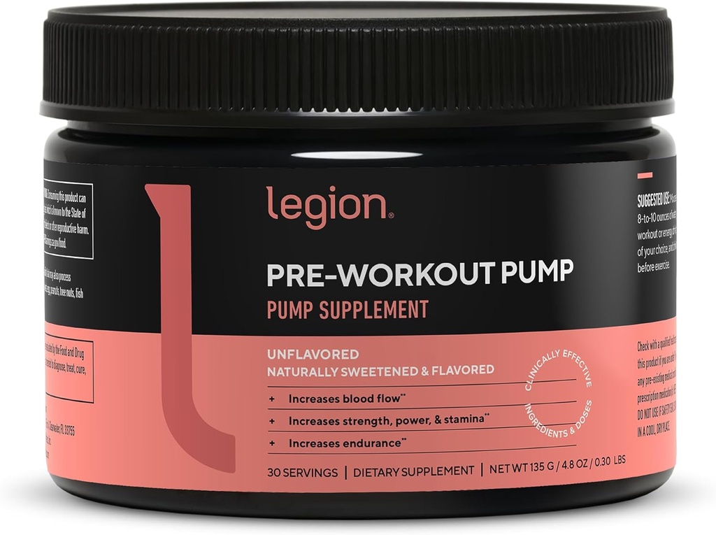 LEGION Pre Workout Pump - Arginine Supplement steigert Stickstoffmonoxidproduktion - Nitric Oxid Booster hilft Stärke & Stamina zu erhöhen, fördert verbesserte Muskeleffizienz (Unflavored, 30 Portionen)