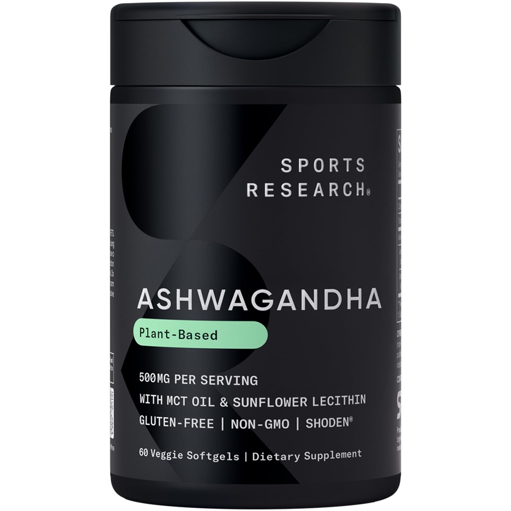 Sport Research® Ashwagandha Softgels con olio di cocco MCT - Adaptogen naturale realizzato con Shoden® Ashwa per il relax, il riposo e il sonno - Gluten Free & Vegan Friendly - 60 Count