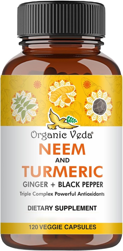 Organic Veda Neem & Turmeric Capsule con Ginger & Black Pepper - Neem Leaf, Turmeric, Ginger, Black Pepper Capsule Supplement - Vegan, Non-GMO - 120 Count