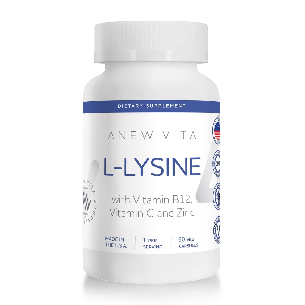 L-Lysine-Ergänzung mit Vitamin B12 + C + Zink für Lip, Mund und Mund- und Mundgewebe Gesundheit - Verbesserte Wellness-Unterstützung - Non-GMO, Gluten-Free - Made in USA - 60 Gemüse Kapseln, 500mg
