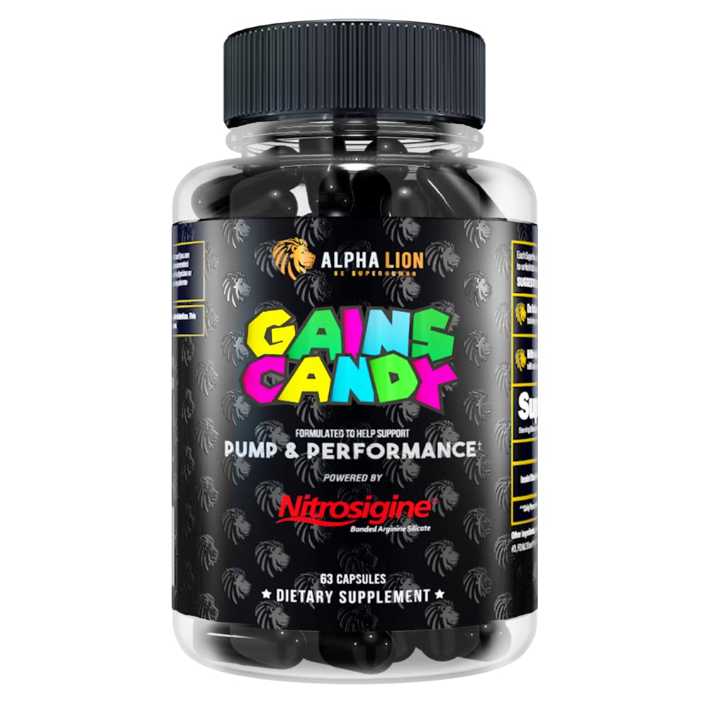 ALPHA LION Gains Candy, Ergänzung Pillen für Muskelpumpe & Blutfluss, Nitric Oxid Booster, unterstützt Mental Fokus, Verwenden Sie täglich Workout Performance, 63 Kapseln (Nitrosigine)