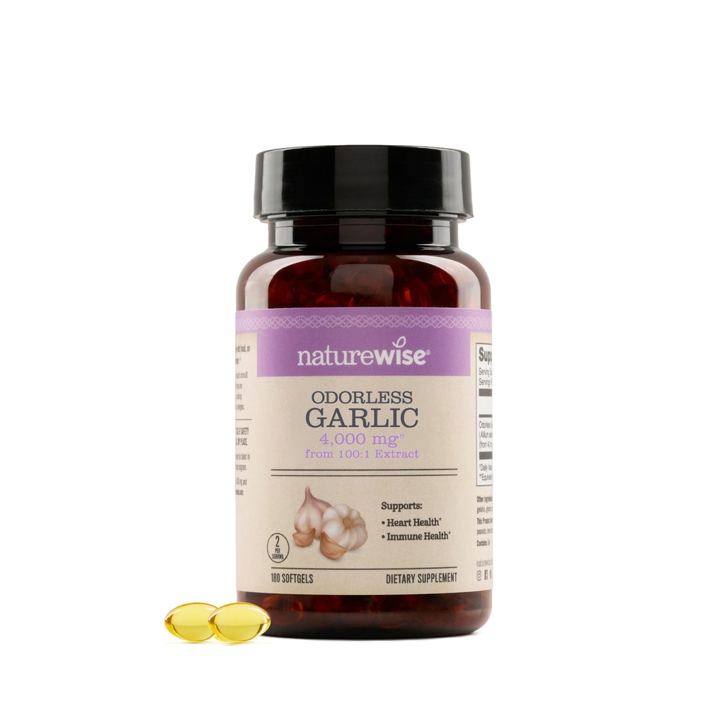 NatureWise Odorless Knoblauch Supplement 4000mg - Ultra Potent 100:1 Extrakt - Gesunde Cholesterin-Formel, Herzgesundheitsunterstützung - Non-GMO, Glutenfrei, mit Halal Gelatin - 180 Count[90-Day Supply]