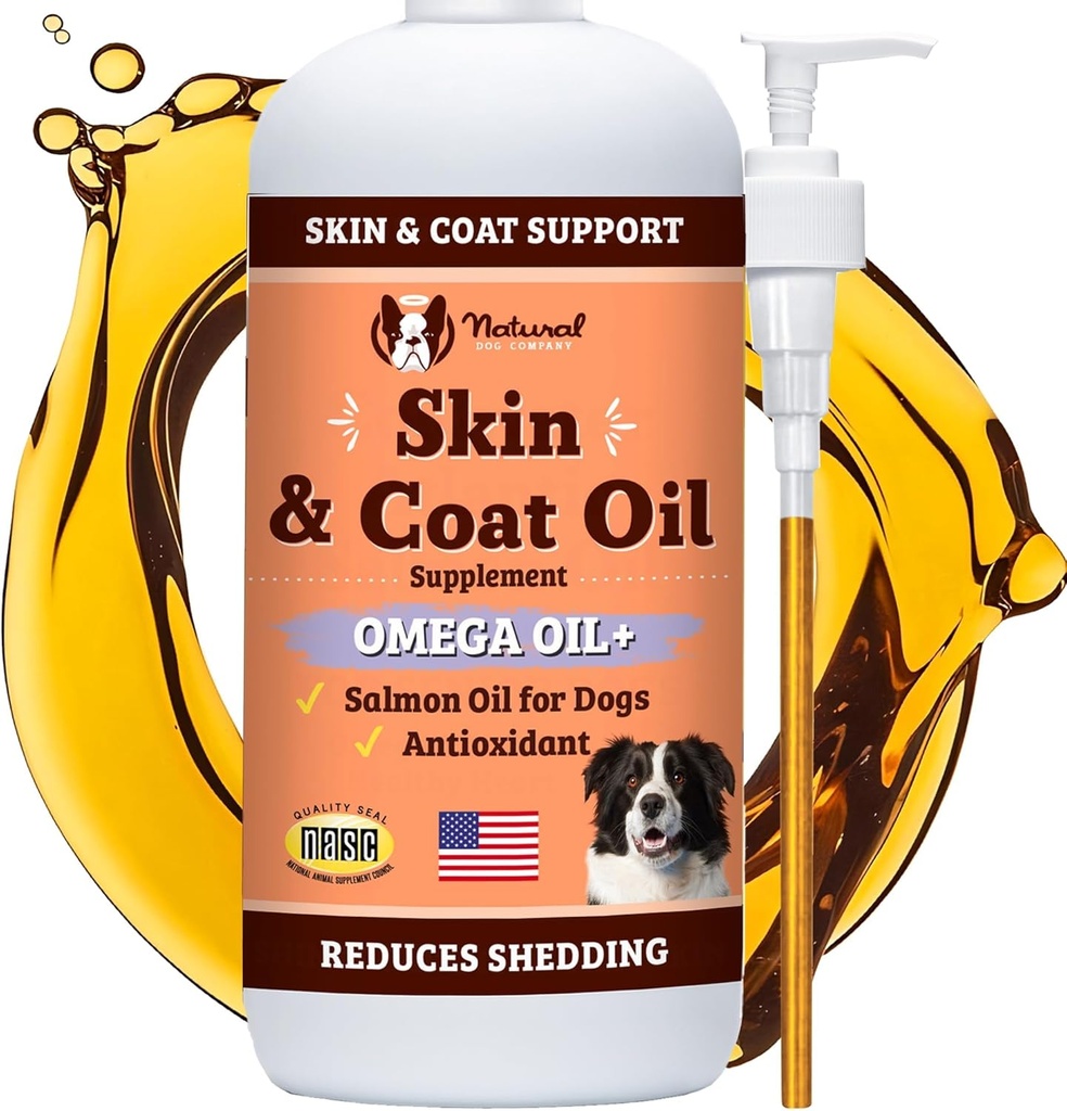 Natural Dog Company Skin & Coat Oil (16 oz.), unterstützt Hautgesundheit, Fischöl Ergänzungen für Hunde, Weicher Mantel, Fischöl &amp; Fläschiertes Öl, Fettsäuren, Flasche Hund Fischöl mit Pumpe, Antioxidans