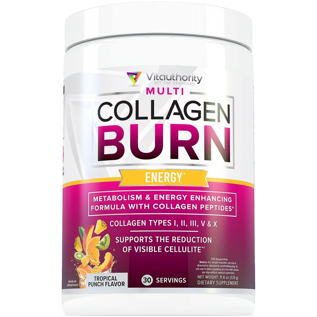Multi Collagen Burn: MultiType hydrolysierte Proteinpeptide mit Hyaluronsäure, Vitamin C, SOD B Dimpless, Typen I, II, III, V und X, mit Koffein 30 Servierungen Tropical Punch Flavored