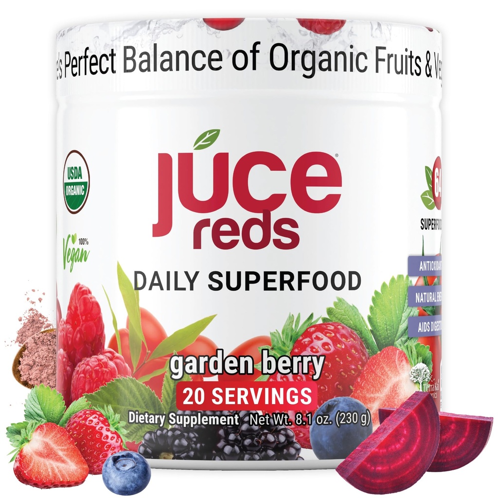 Terra Kai Organics JUCE Reds Bio Superfood Pulver - Gartenbeeren Flavor | Frucht & Veggie Pulver für alle w/64 Immune Boosting Superfood Plus Probiotics for Gut Health | 20 Servierungen (230g)