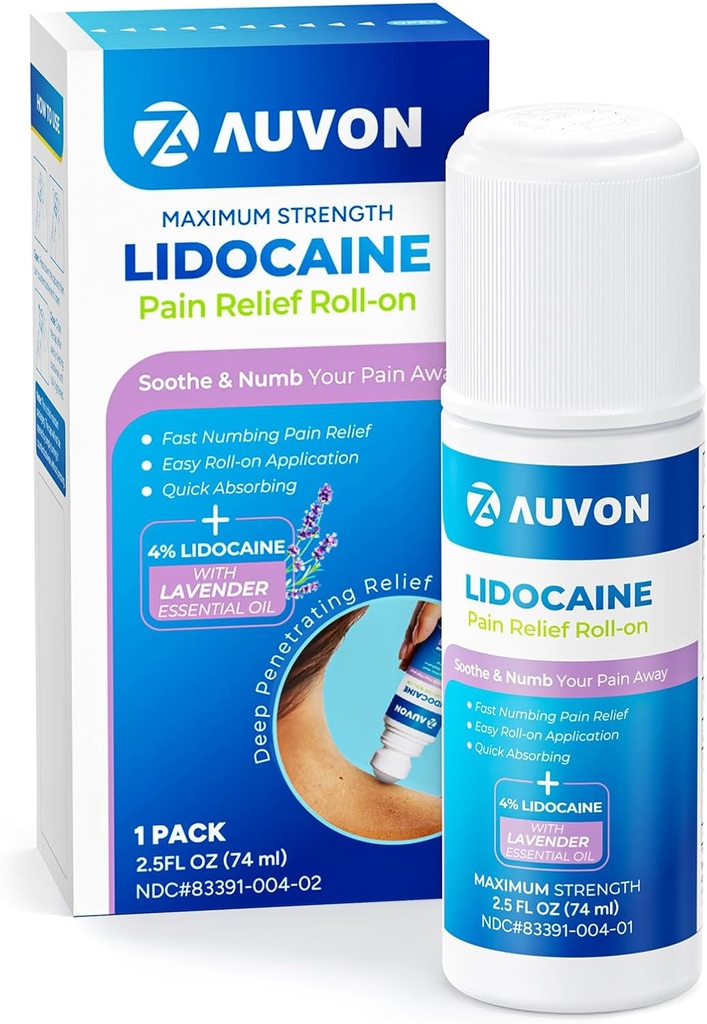 AUVON Lidocaïne Rouleau avec huile essentielle, pas d'applicateur de mess, Max Strength Lidocaïne, Absorbant rapidement le nombre et Soothe Pain Relief for Knees, Epaules, FSA/HSA Admissible, Lavande, 2,5 OZ, 1 Pack