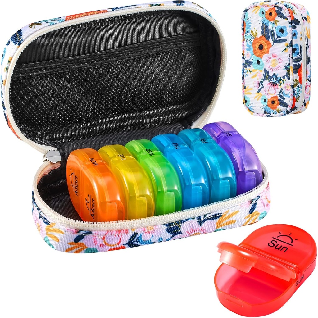 Serfeymi Organizzatore di viaggio settimanale 2 volte al giorno AM Aggiornato Rainbow Pill Box 7 giorno con custodia portatile della pellame della tela della cerniera, organizzatore di medicina per le pillole, vitamine, oli di pesce - Bloom 01