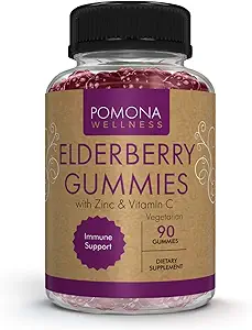 Pomona Wellness Elderberry Gummis mit Zink und Vitamin C für Immununterstützung 3-1 Chewable Black Elderberry Gummy Supplement für Kinder und Erwachsene, Vegan, 90 Gummis