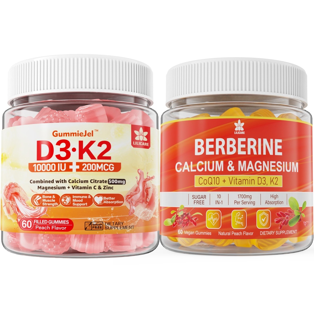 Gommies de vitamine D3 K2 sans sucre avec calcium, citrate de magnésium, gommes de supplément de vitamine C + berbère, avec berbère liposomique et HCI berbère, calcium, magnésium