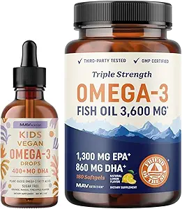 Omega 3 Fish Oil Softgels e Omega 3 gocce liquide per bambini | EPA, DHA & Algae olio per cuore, cervello e supporto immunitario | Omega 3 Bundle per la famiglia intera