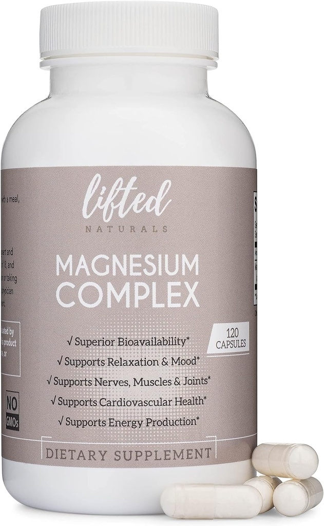 Magnesium Complex - Lifted Naturals Magnesium Supplement w/ Bisglycinat, Malat, Taurat - 120 Kapseln - Bioverfügbare Magnesiumformel für Stimmung, Schlaf, Energieunterstützung*