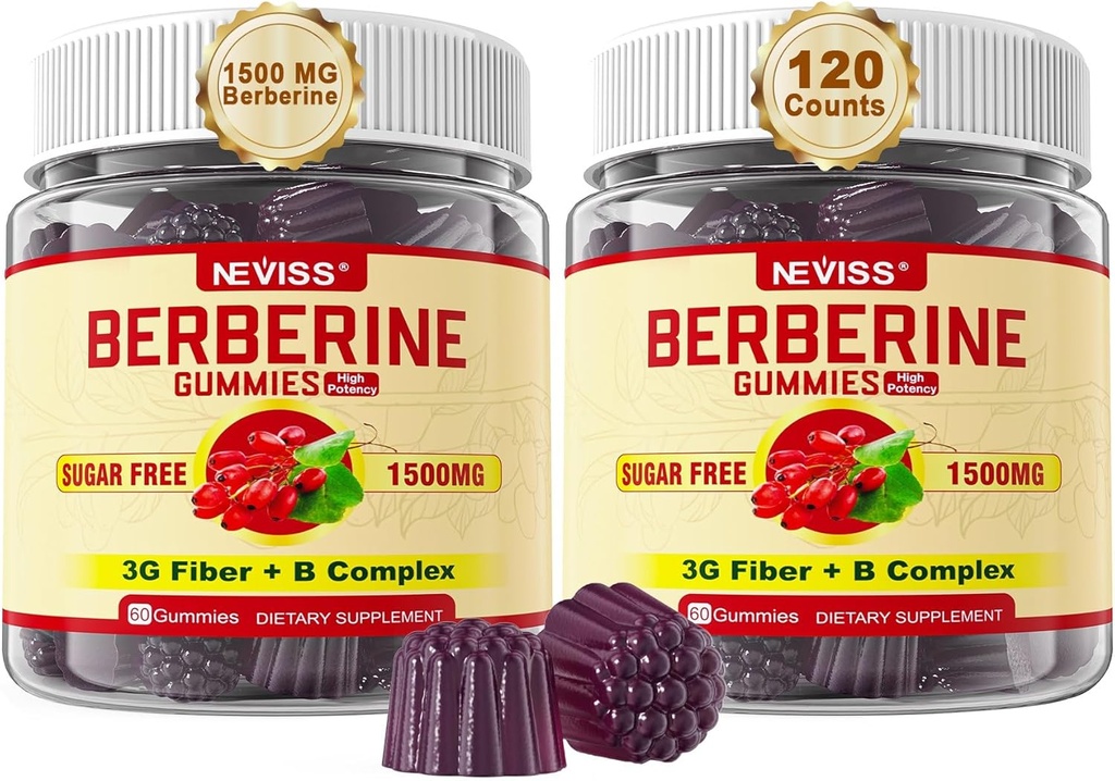NEVISS Berberine Supplement 1500mg, AMPK Activator mit 3G Prebiotic Fiber, B1 B3 B6, Sugar Free Berberine HCL Gummis für Damen und Herren - Unterstützt Immunsystem, Verdauungsstörung, 2pack 120 Cts