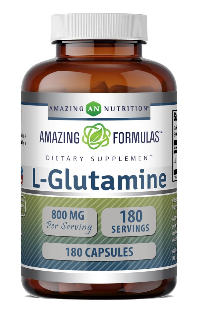 Formules étonnantes L-Glutamine Amino Acid Supplement de 800 Mg par portion de 180 Capsules Exclusivement sans gluten
