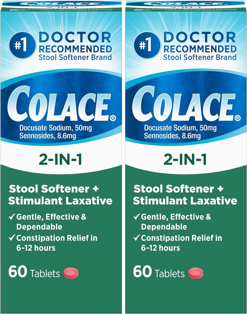 Colace 2-in-1 Hocker Softener Plus Stimulant Laxative für gentle Effective Constipation Relief, Docusate Sodium Plus Sennosides, 60 Count (Pack von 2)
