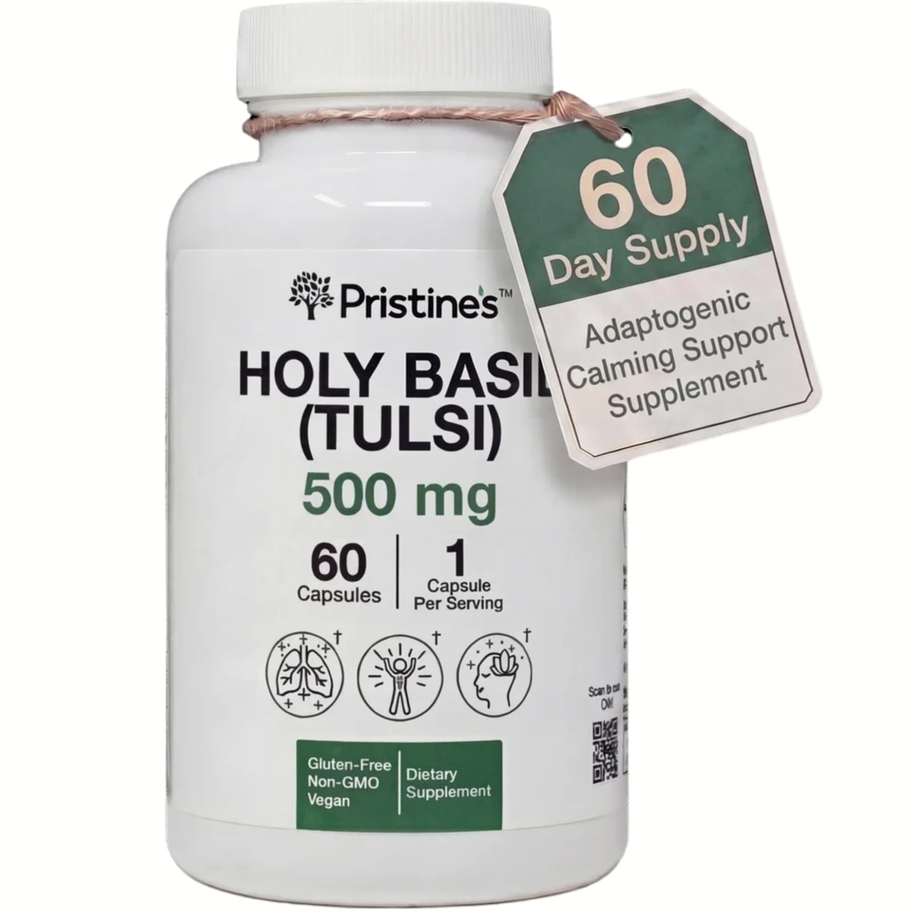 PriSTINE's Holy Basil Capsules - 500 mg Gluten Free Immunity & Relax Support Adaptogen Supplement - 60 Day Supply - Tulsi Holy Basil Leaf Extract Capsules - Vegan - Non-GMO