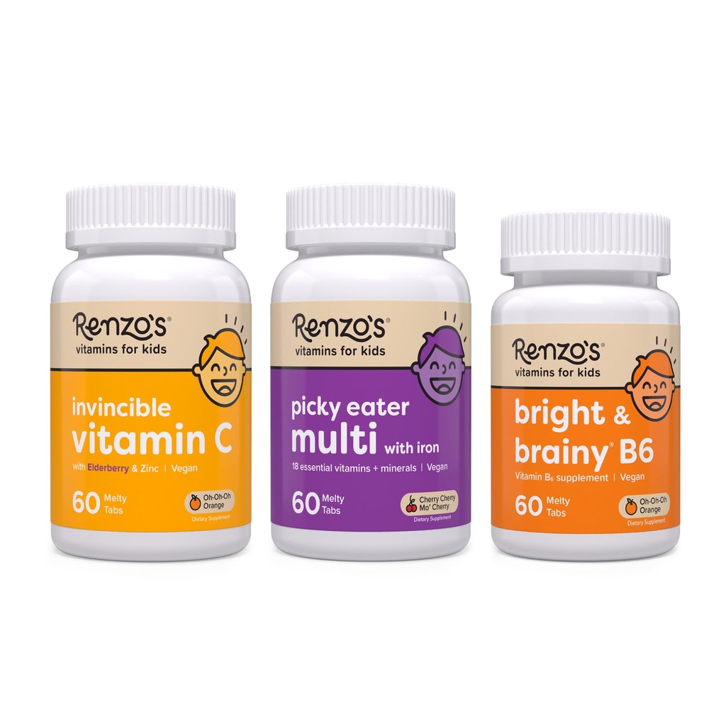 Renzo's Vitamine Zurück zu Schule Bundle, Bright & Brainy Vitamin B6, Picky Eater Kids Multivitamin, und Kinder Vitamin C mit Elderberry & Zink für Immununterstützung