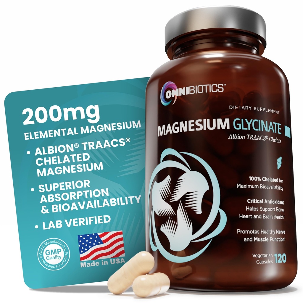 OmniBiotics Magnesium Glycinate Supplement – mit 100% Pure Albion TRAACS Bisglycinat Chelate für Schlaf, Muskel, Nerve & Heart Health – 120 Vegan Capsules
