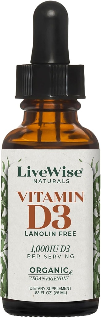 LiveWise Naturals Vitamine biologique D3 gouttes liquides, végétalien, non-OGM, à base végétale, 200 UI par goutte, soutient la santé immunitaire, osseuse et de l'humeur, facile à absorber, dans l'huile MCT 1000 UI