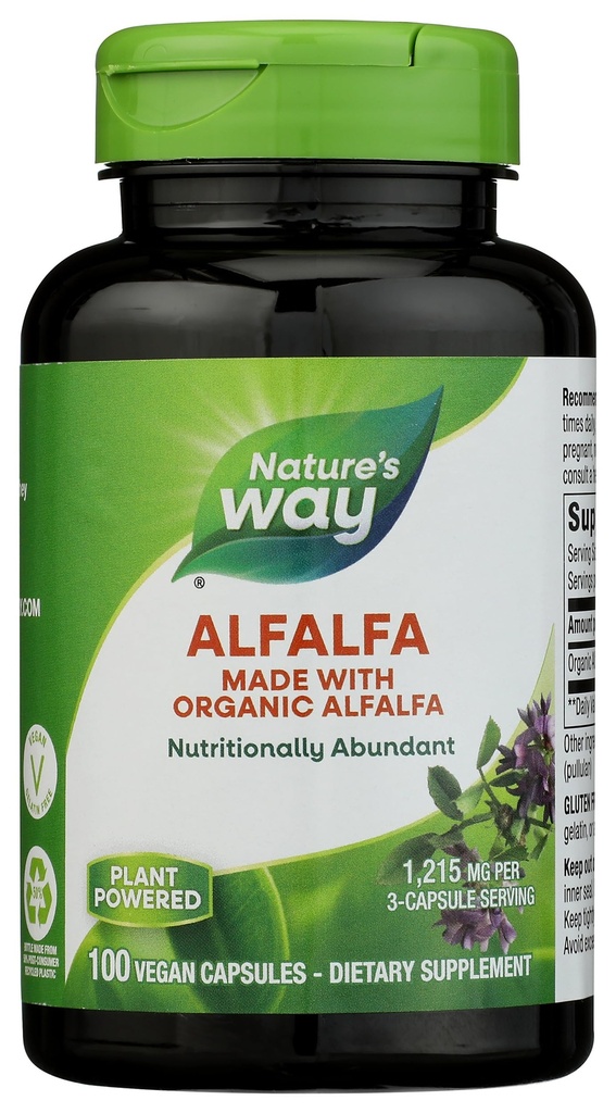 Via Natura Alfalfa, Realizzato con Alfalfa Organica, 1,215 mg per 3 capsule servizio, Alfalfa Herbal Capsule, Gluten Free, Vegan, 100 capsule (Packaging May Vary)
