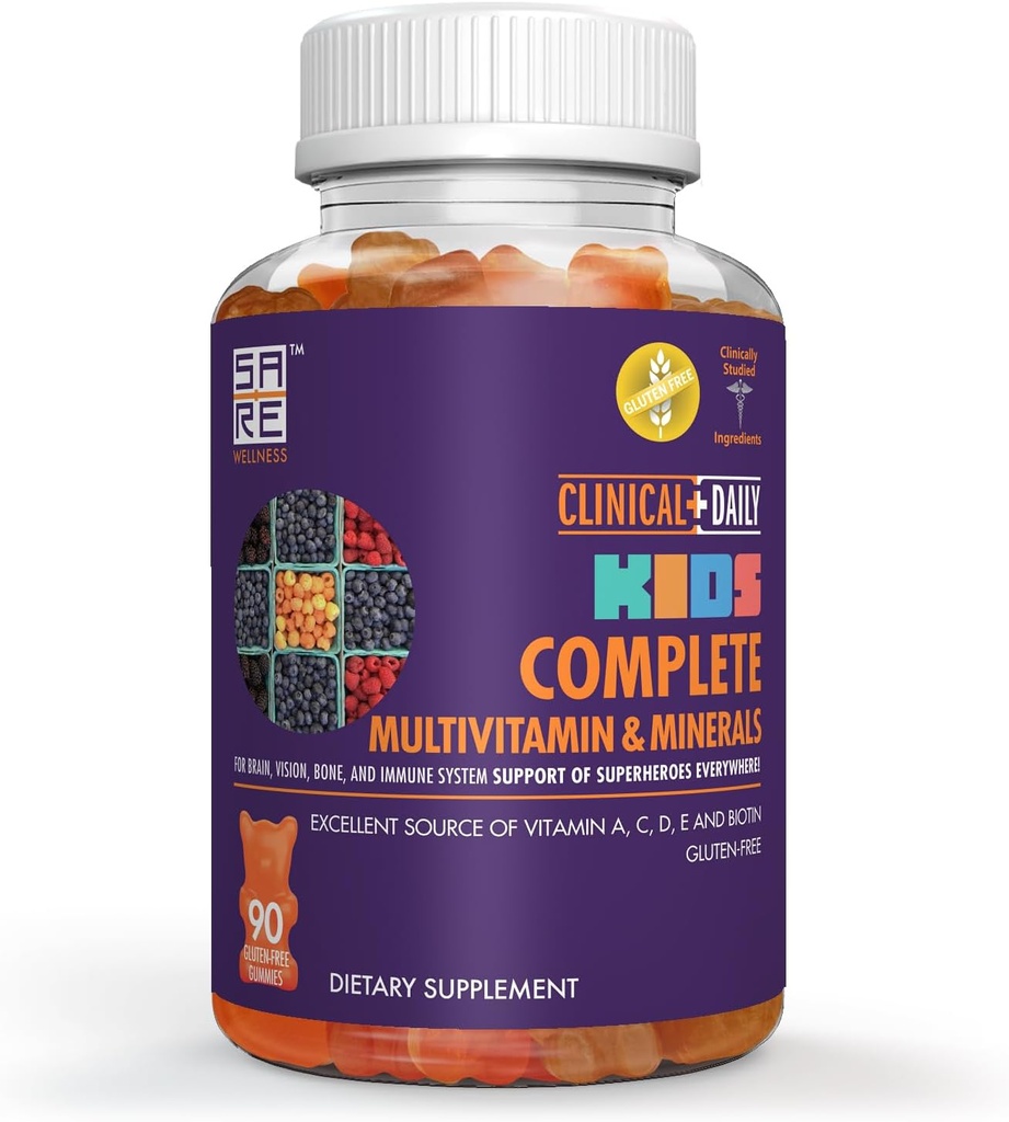 Multivitamin Daily Gummy Supplemento giornaliero per cervello, visione, bone e salute immunitaria. Vitamine A, C, E,D,B6,B12, Folate, Biotina, Minerali essenziali. 90 Gluten Free Yummy Gummies