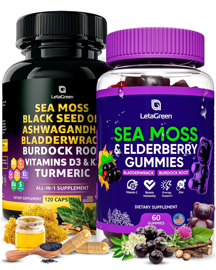 Capsule di mare di muschio + Gummies Bundle, 60 gommoni di mare irlandesi + 120 Ocean Wild SeaMoss Capsule con vitamine e minerali