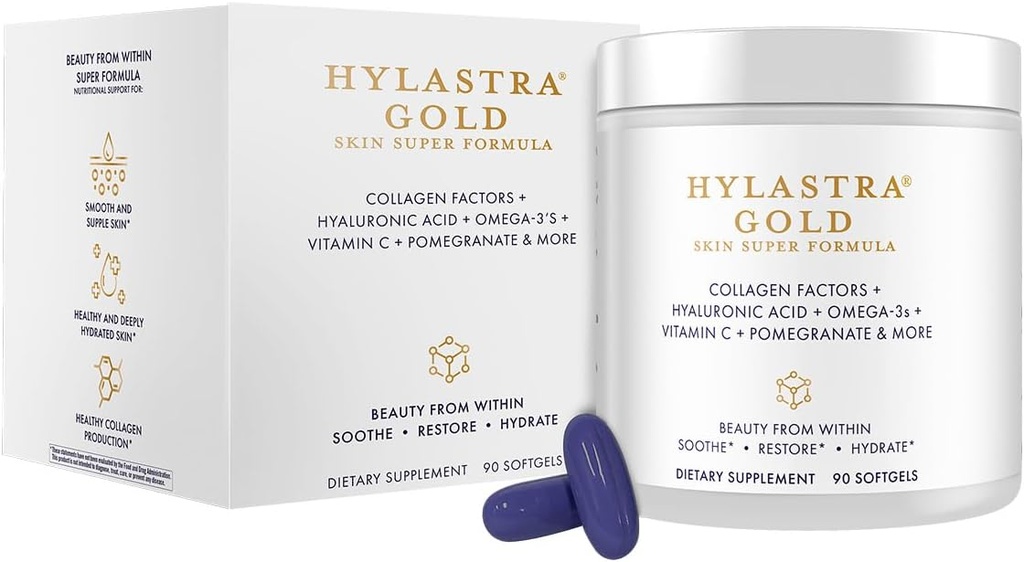 Prodotti di purezza Hylastra Gold Softgels Collagen + Acido ialuronico + Beauty Boosting Powerhouse Ingredienti - Aumentata idratazione e elasticità della pelle - Riduce Linee e rughe fine - 90 Softgels