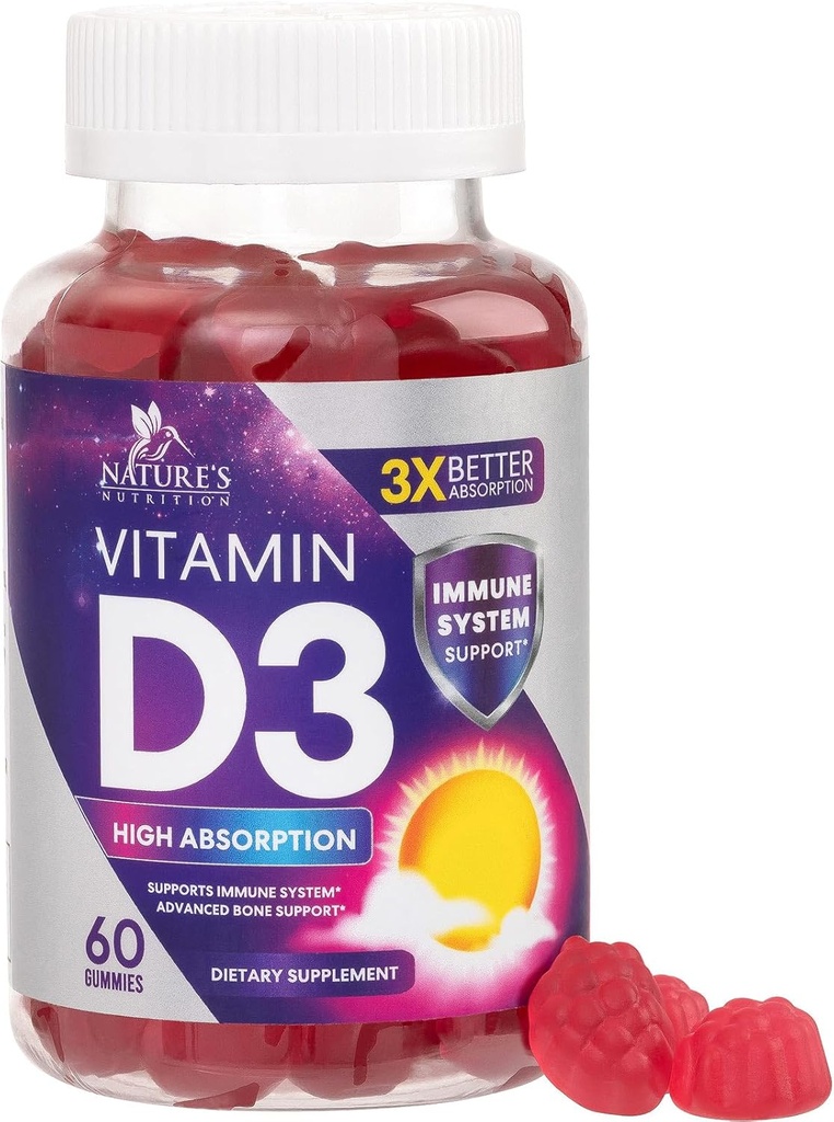 Vitamin D3 Gummy 5000 IU (125 mcg) - Nahrungsergänzungsmittel für Frauen und Männer - Knochen, Zähne, Muskel- und Immungesundheitsunterstützung, Hohe Potenz VIT D3 Nature's Non-GMO & Gluten Free - 60 Gummie