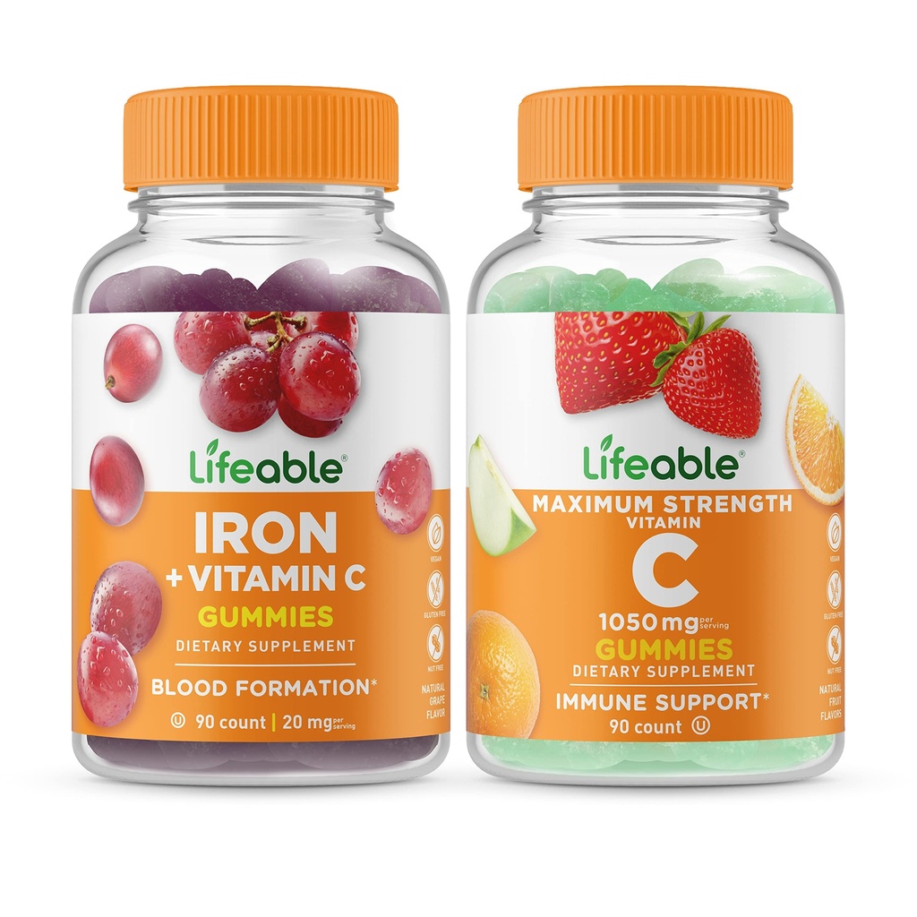 Lebensfähiges Eisen mit Vitamin C + Vitamin C 1050mg, Gummies Bundle - Große Verkostung, Vitamin-Ergänzung, Glutenfrei, GVOfrei, Kaugummi