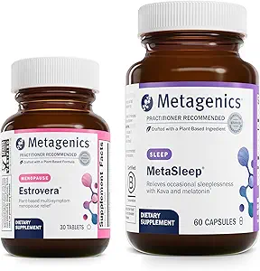 Métagénique Ménopause Sleep Duo - HerWellness Estrovera & MetaSleep - 30 comprimés d'Estrovera pour les flashs chauds, le soulagement de la ménopause et les sueurs nocturnes - 60 capsules de MetaSleep pour le soutien du sommeil