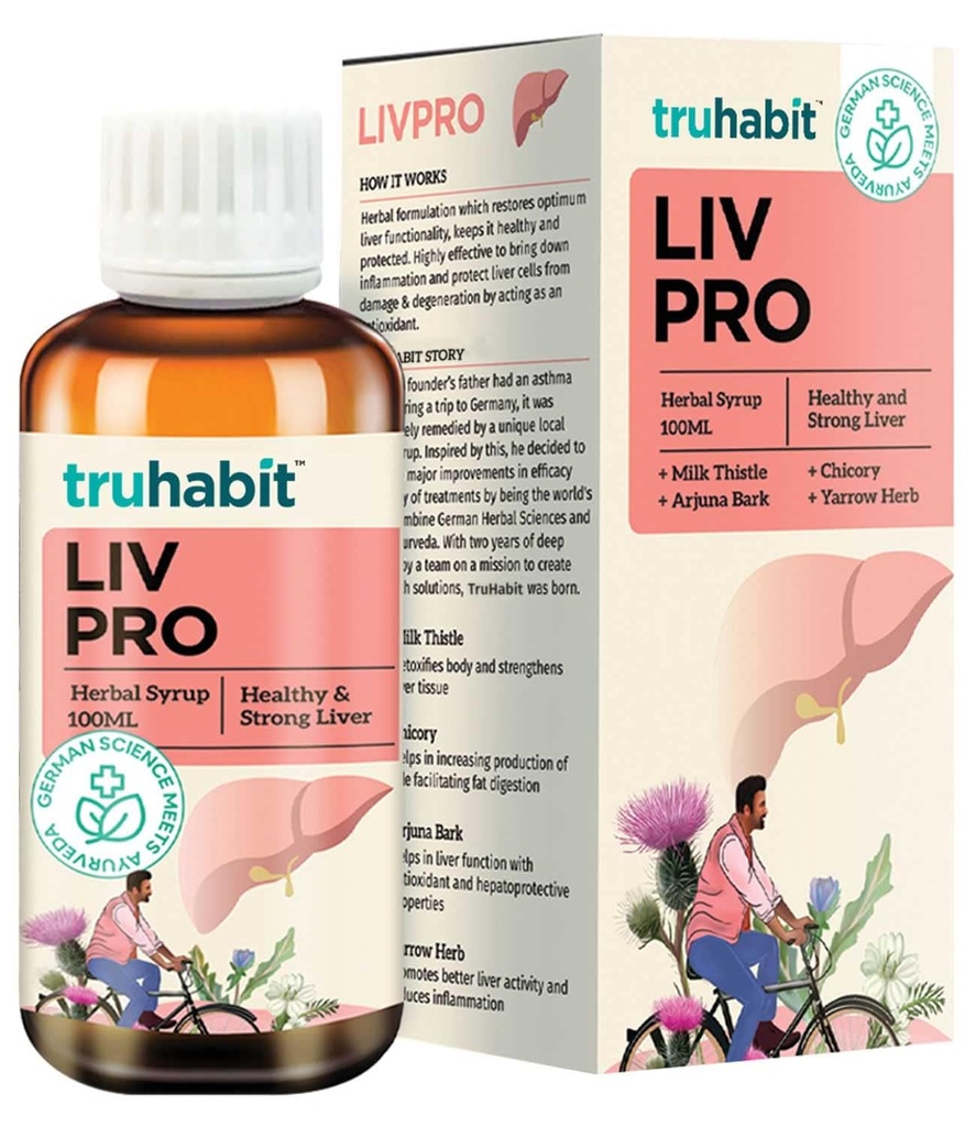 Livpro Liver Detox Syrup avec Thistle de lait et Arjuna Bark par Cure verte, Supplément foie avec Thistle de lait Nettoyer le foie, Soutien du foie biologique - Science allemande avec Ayurveda, 3.4 Fl Oz (100ml)