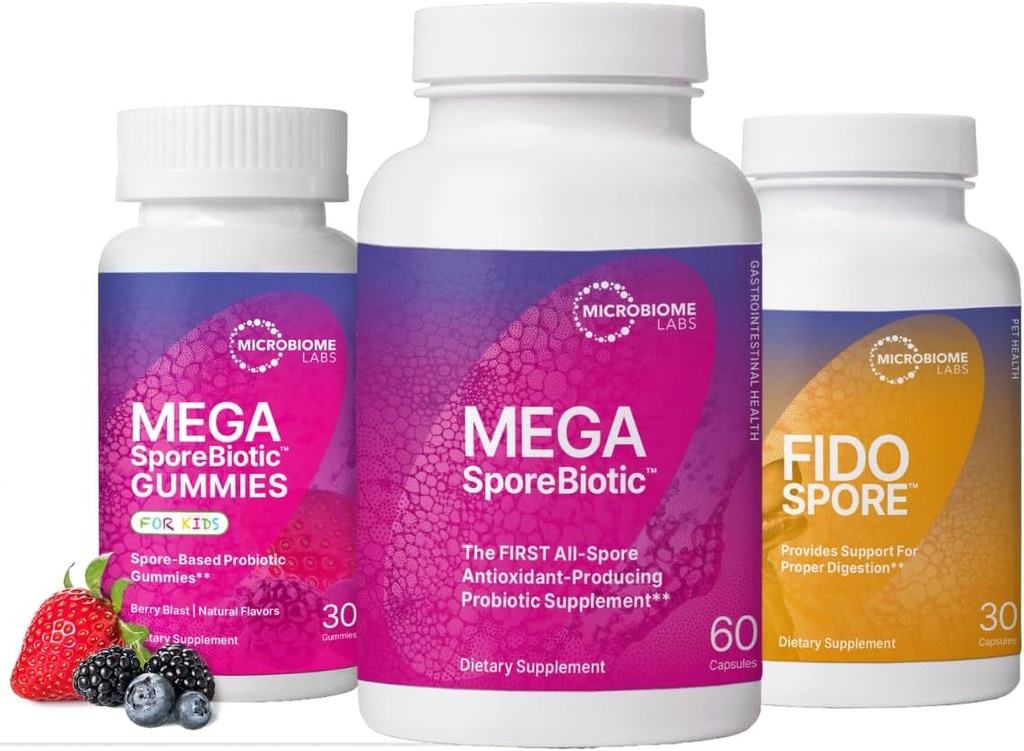 Microbiome Labs Whole Family Probiotic Bundle - MegaSporeBiotic für Erwachsene, Probiotic Gummies für Kinder und FidoSpore Probiotics für Hunde und Katzen