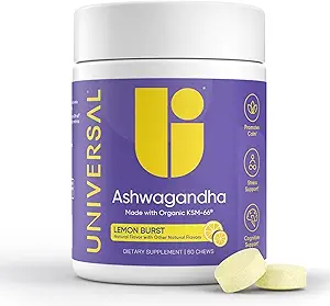 Ashwagandha KSM- 66 Chews - Daily Stress, Funzione cognitiva e Mood Support Chewable Supplement, Highly Bio available Full Spectrum KSM66 Ashwagandha Root Extract, Calm & Relaxation - Lemon, 60 Count